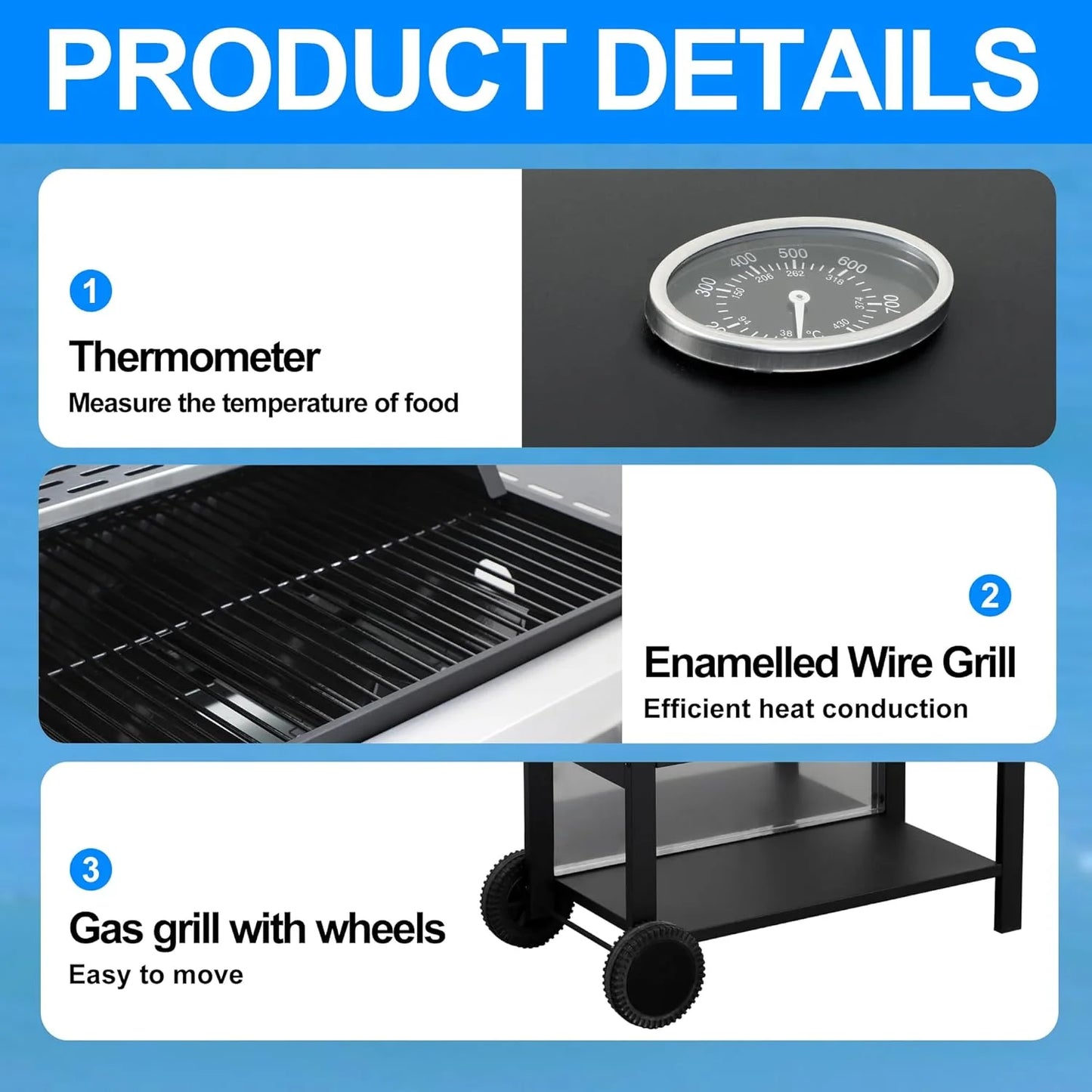 4 Burner Propane Gas Grill, 34,200 BTU Outdoor Barbecue BBQ Grill with Wheels, Stainless Steel Control Panel, Easy Ignition, Temperature Gauge, 2-Enameled Cooking Grids