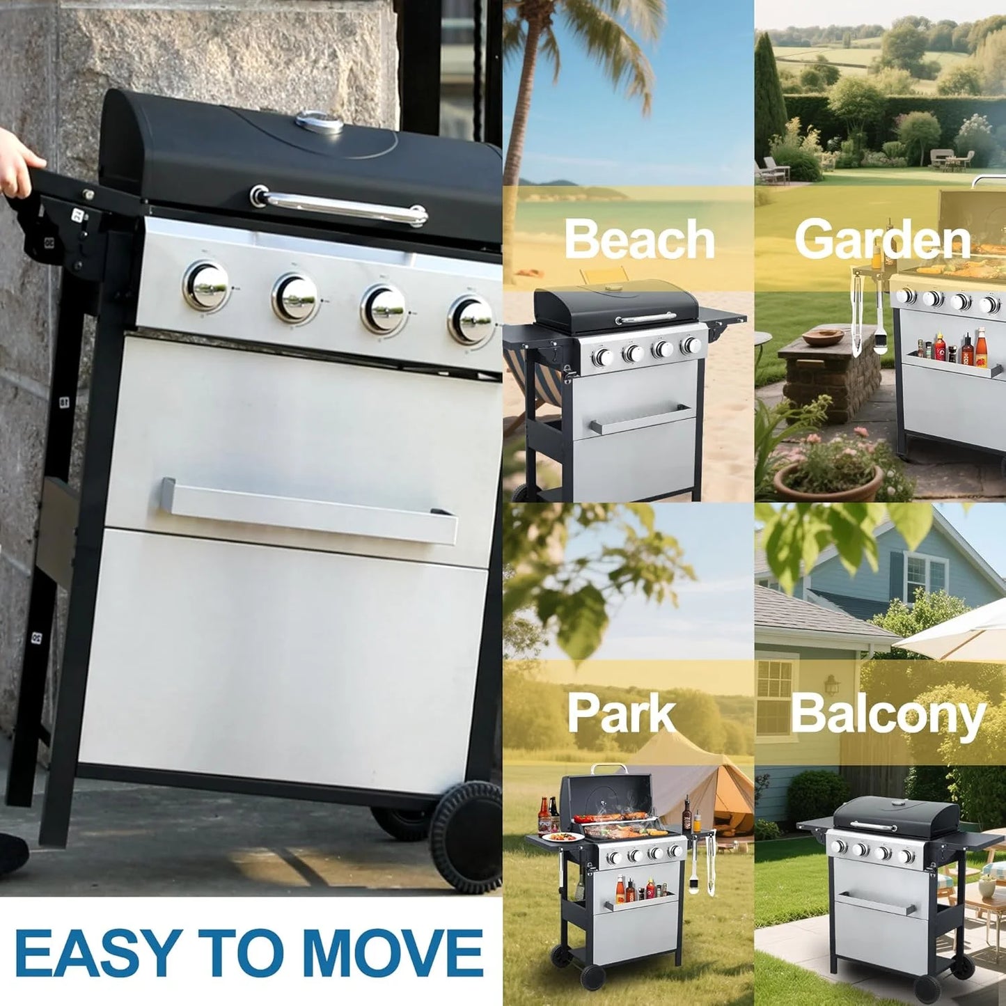 4 Burner Propane Gas Grill, 34,200 BTU Outdoor Barbecue BBQ Grill with Wheels, Stainless Steel Control Panel, Easy Ignition, Temperature Gauge, 2-Enameled Cooking Grids