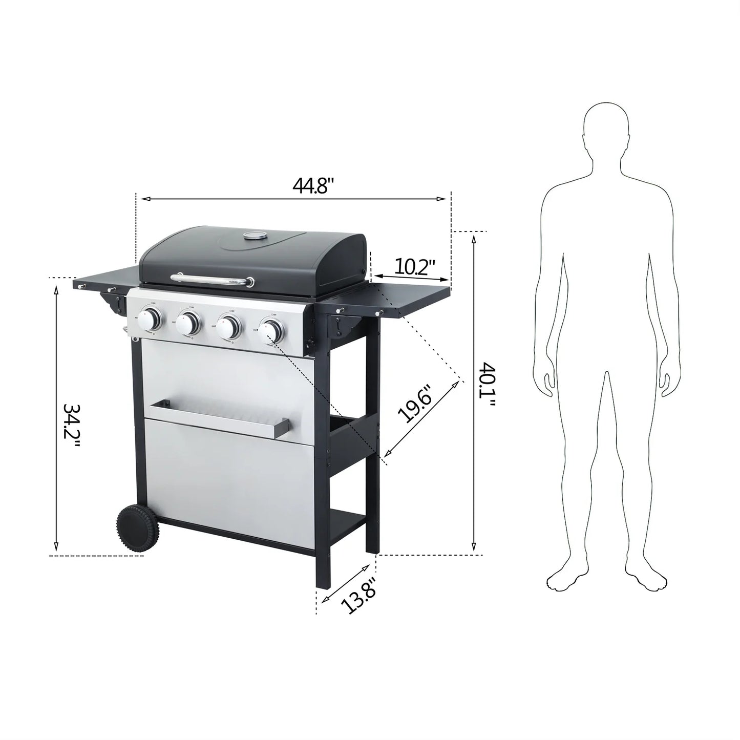 4 Burner Propane Gas Grill, 34,200 BTU Outdoor Barbecue BBQ Grill with Wheels, Stainless Steel Control Panel, Easy Ignition, Temperature Gauge, 2-Enameled Cooking Grids