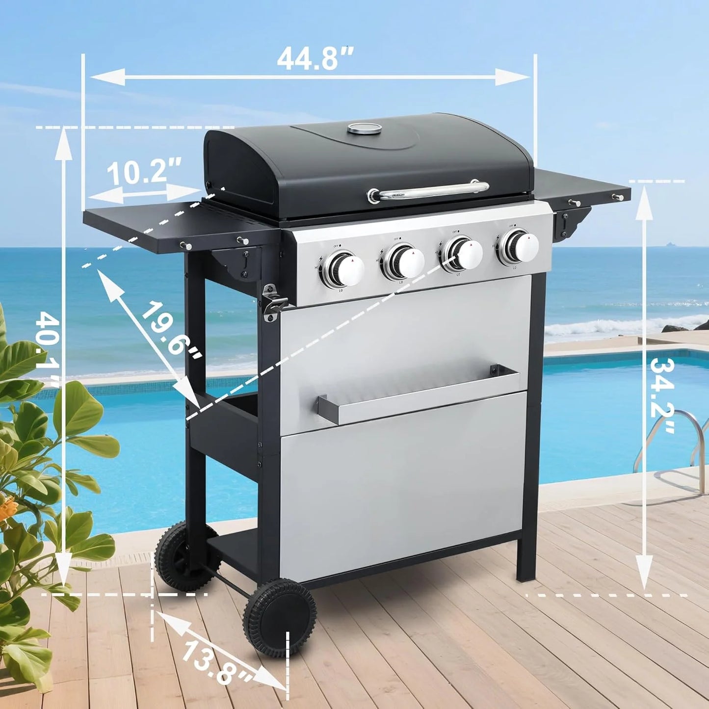 4 Burner Propane Gas Grill, 34,200 BTU Outdoor Barbecue BBQ Grill with Wheels, Stainless Steel Control Panel, Easy Ignition, Temperature Gauge, 2-Enameled Cooking Grids