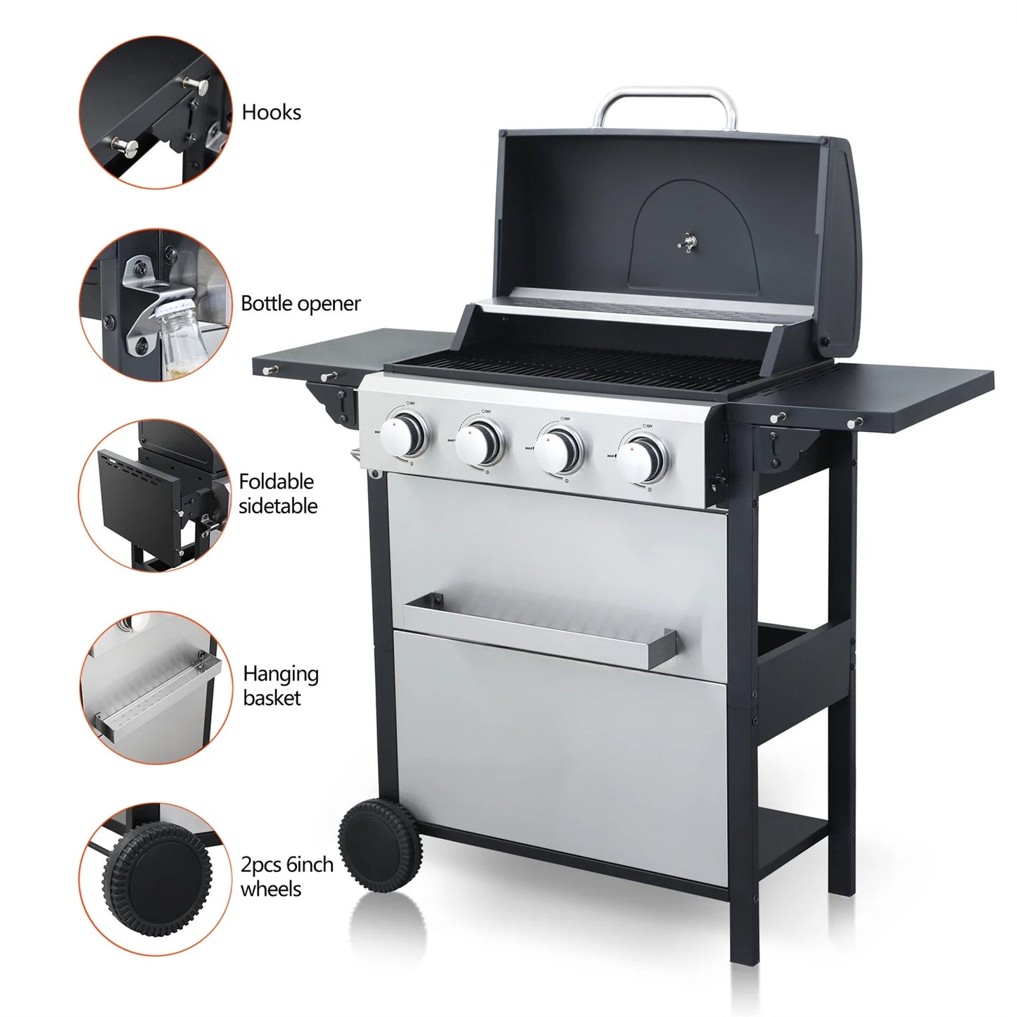 4 Burner Propane Gas Grill, 34,200 BTU Outdoor Barbecue BBQ Grill with Wheels, Stainless Steel Control Panel, Easy Ignition, Temperature Gauge, 2-Enameled Cooking Grids