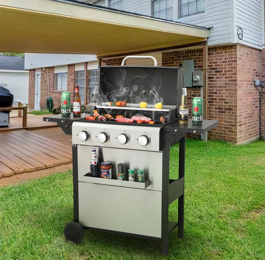 4 Burner Propane Gas Grill, 34,200 BTU Outdoor Barbecue BBQ Grill with Wheels, Stainless Steel Control Panel, Easy Ignition, Temperature Gauge, 2-Enameled Cooking Grids